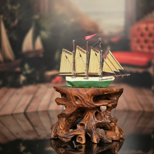 Green Miniature Vintage Model Antique Style Sailing Ship with Fabric Sails