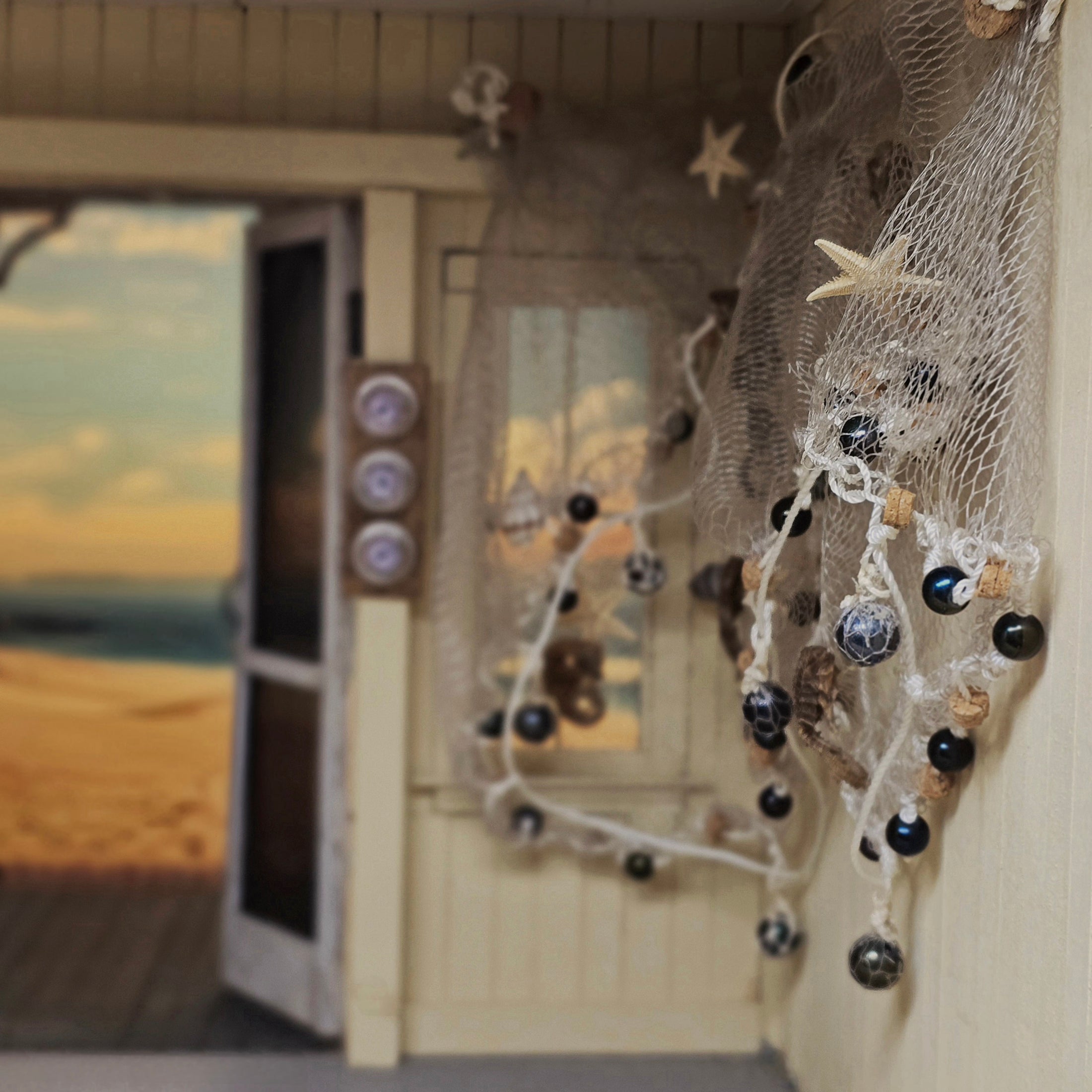OOAK Miniature Nautical Fishing Net Wall Hanging with Seahorses & Sea Treasures