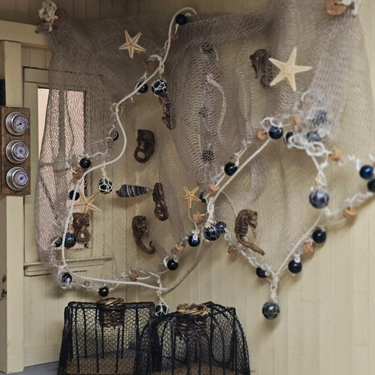 OOAK Miniature Nautical Fishing Net Wall Hanging with Seahorses & Sea Treasures