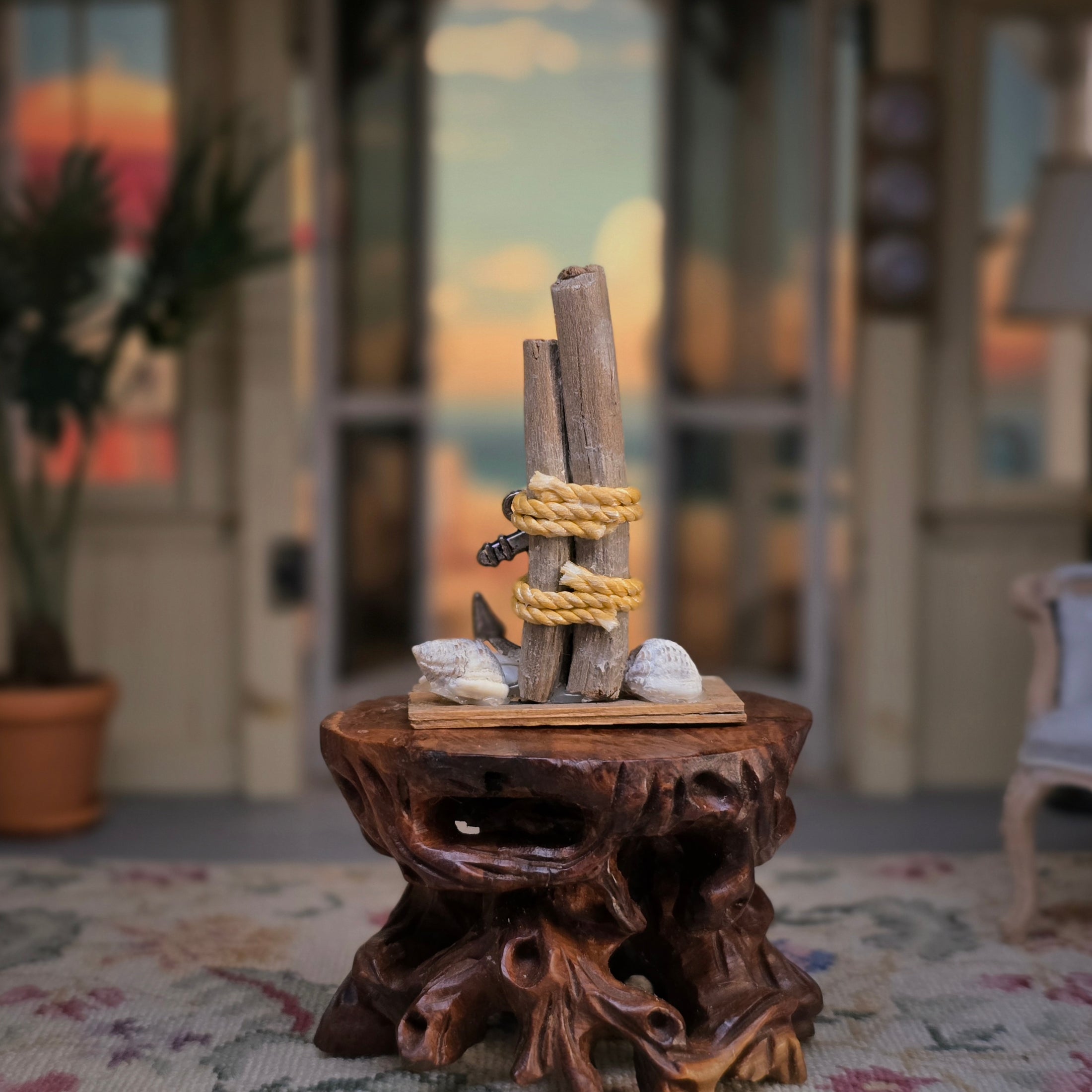 Dollhouse Vintage Miniature Nautical Anchor & Driftwood Coastal Display