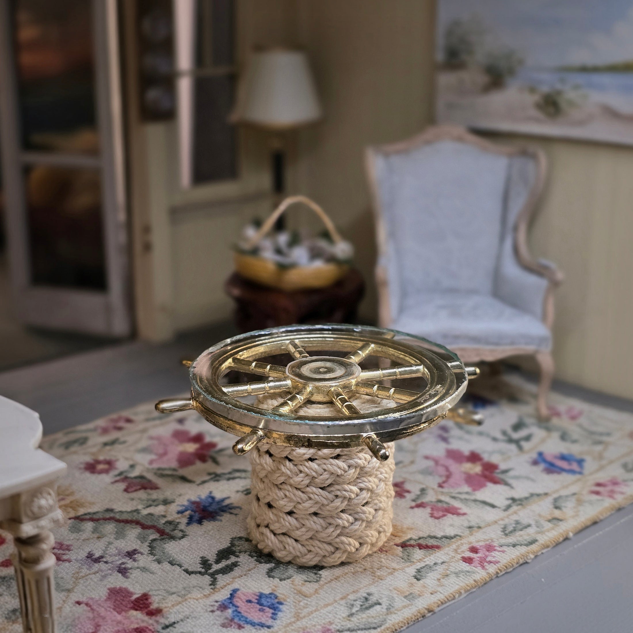 Vintage Fred Cobbs Nautical Ship Wheel Glass Coffee Table 2015