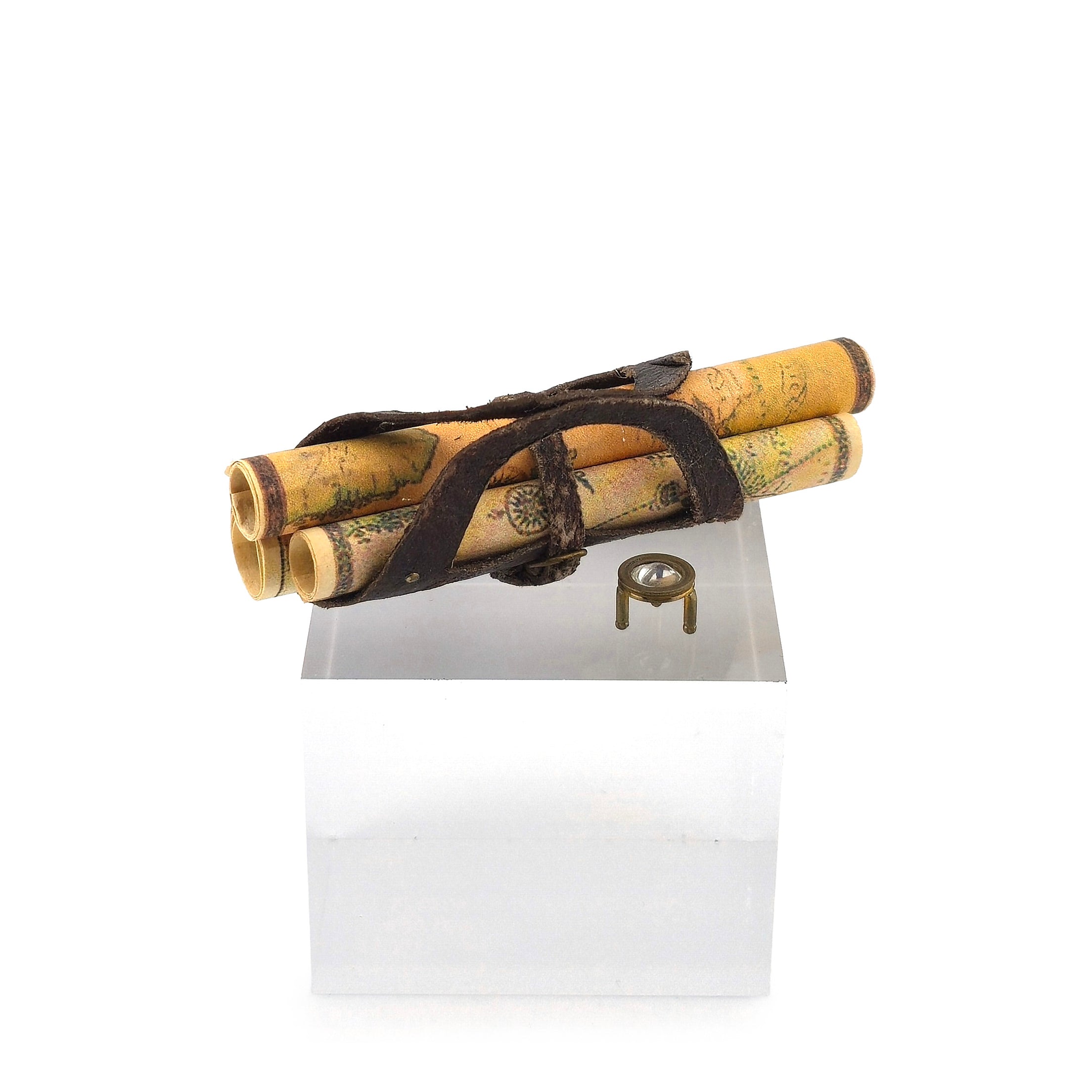 Miniature Nantasy Fantasy Leather Map Carrier with Rolled Charts & Magnifier