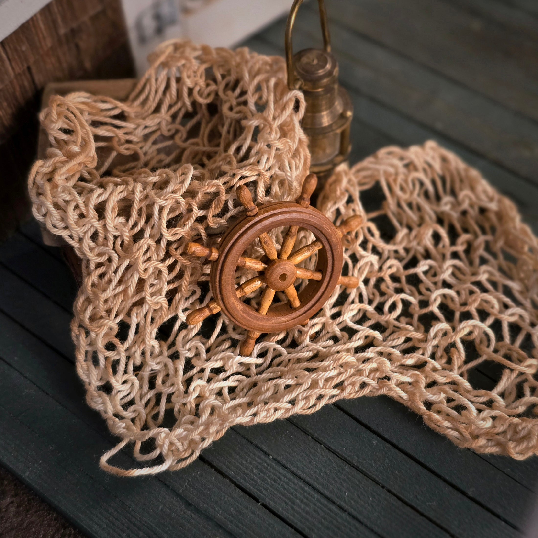 Miniature Fisherman’s Net & Captain’s Wheel Nautical Display Pairing