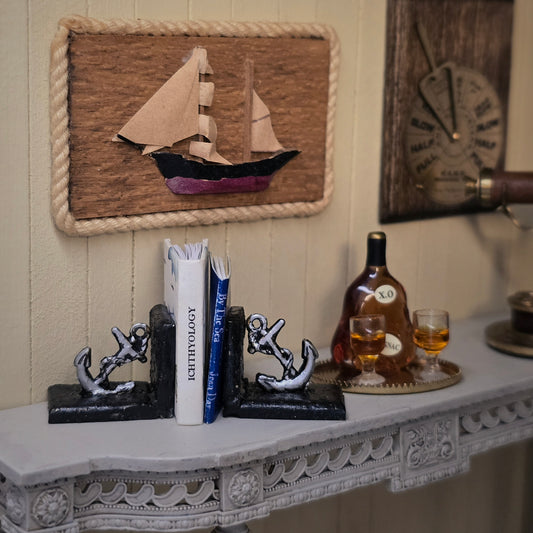 Miniature Readable Coastal Books & Pair of Anchor Bookends Set