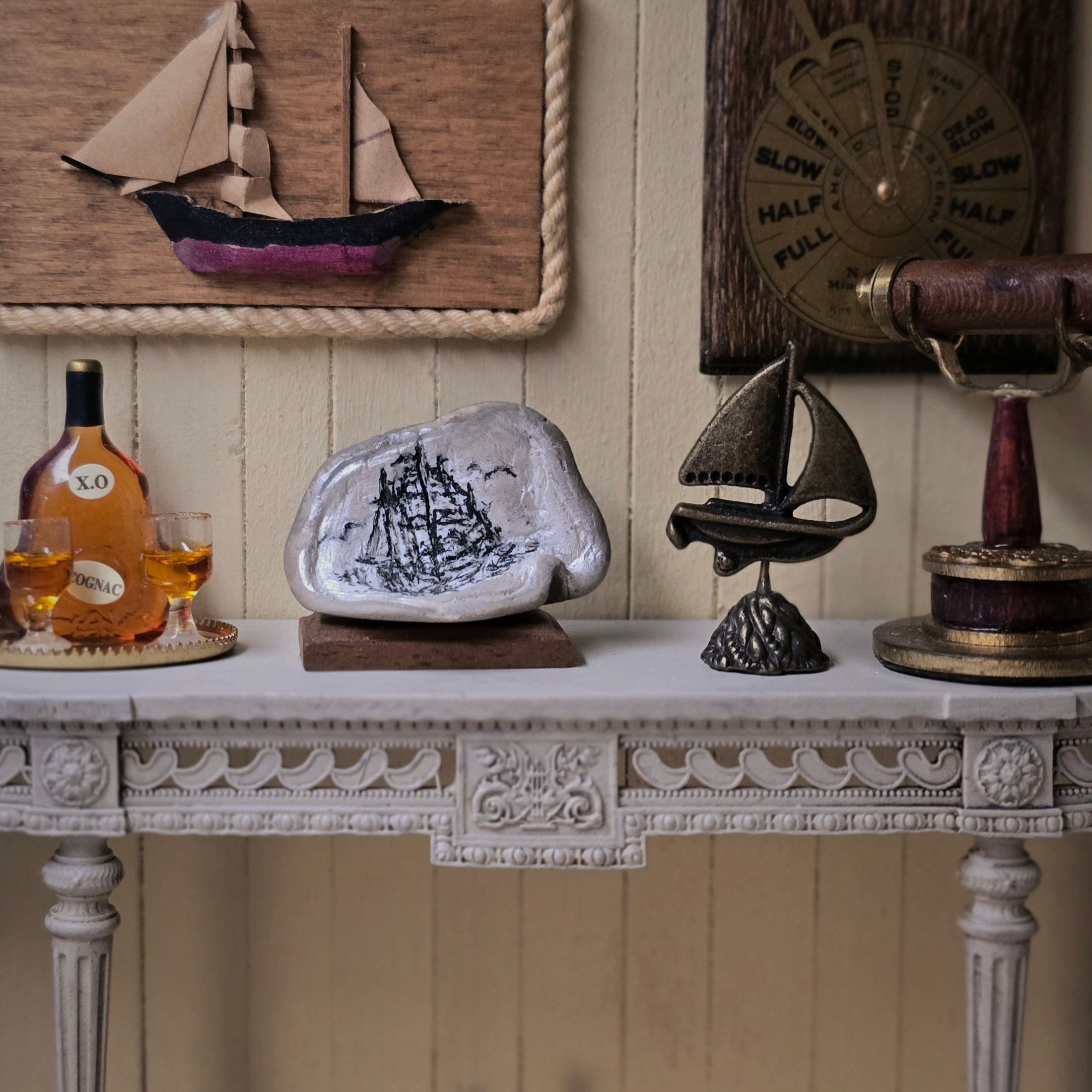 Miniature Sharon Stockton Ship Clam Shell Sculpture & Brass Sailboat Pair
