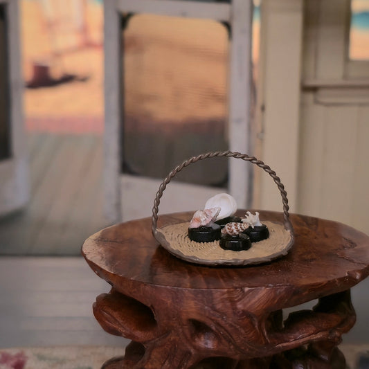 Miniature Coastal Seashell Basket Display with Genuine Micro Shells
