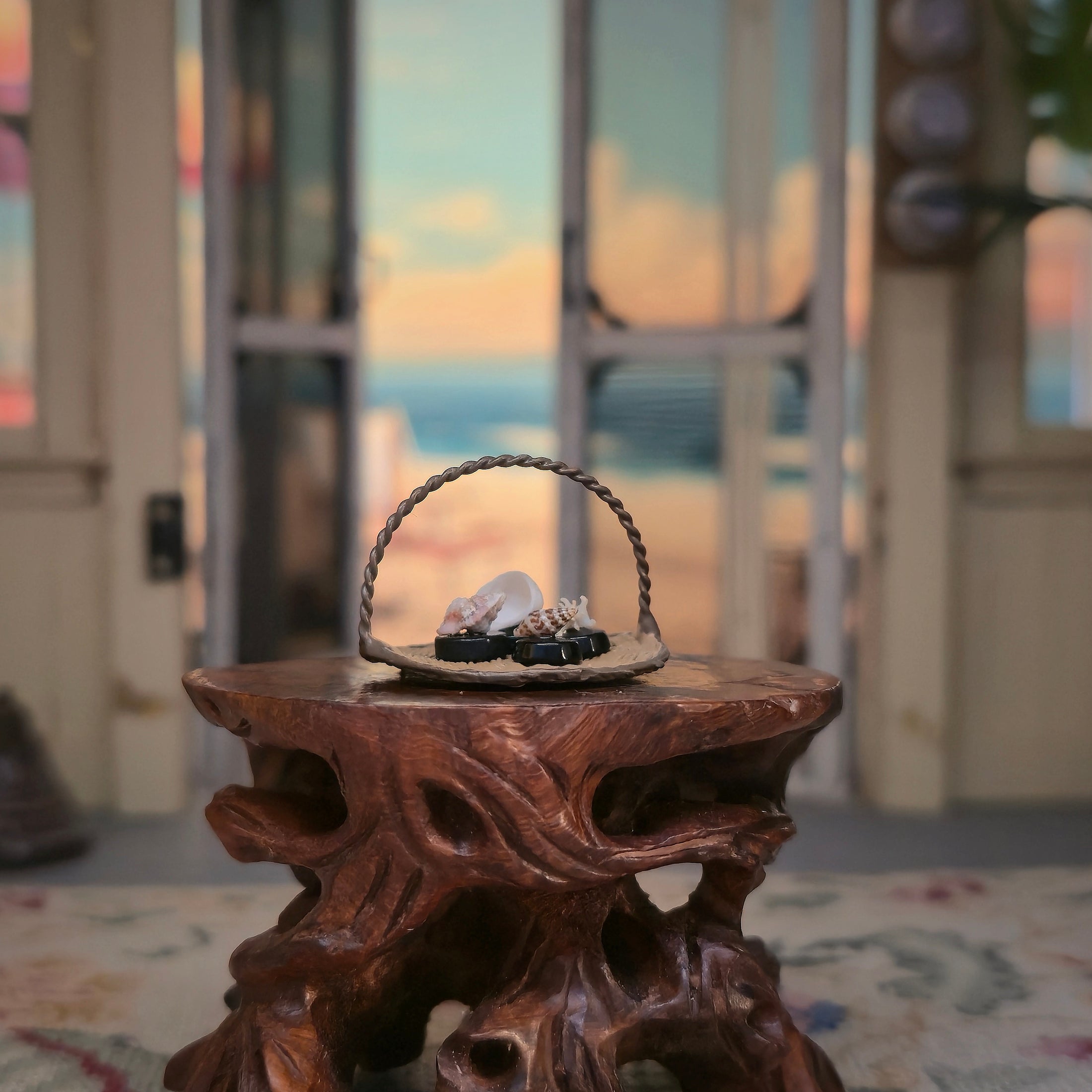 Miniature Coastal Seashell Basket Display with Genuine Micro Shells