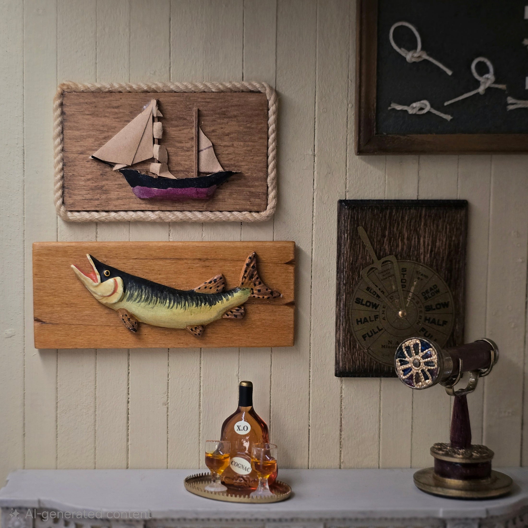 Miniature Nautical Wall Art Pair with Mounted Fish and Sailboat Plaque