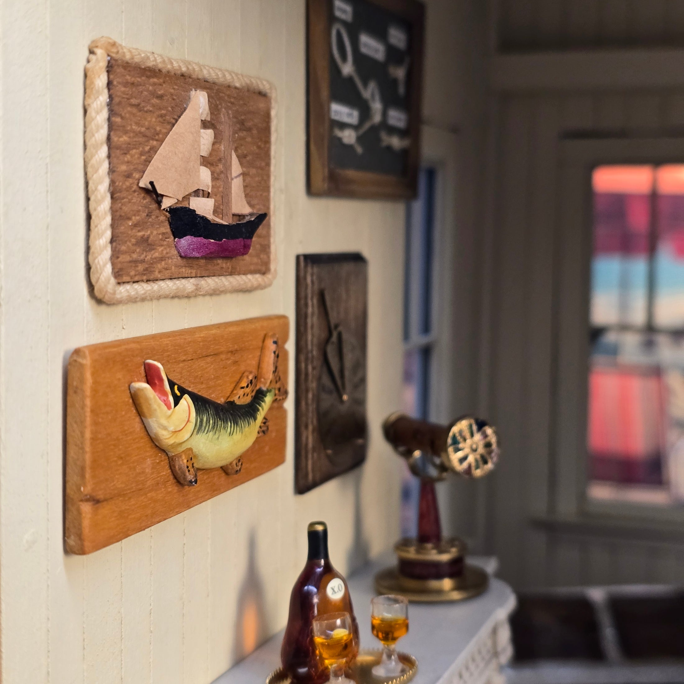 Miniature Nautical Wall Art Pair with Mounted Fish and Sailboat Plaque