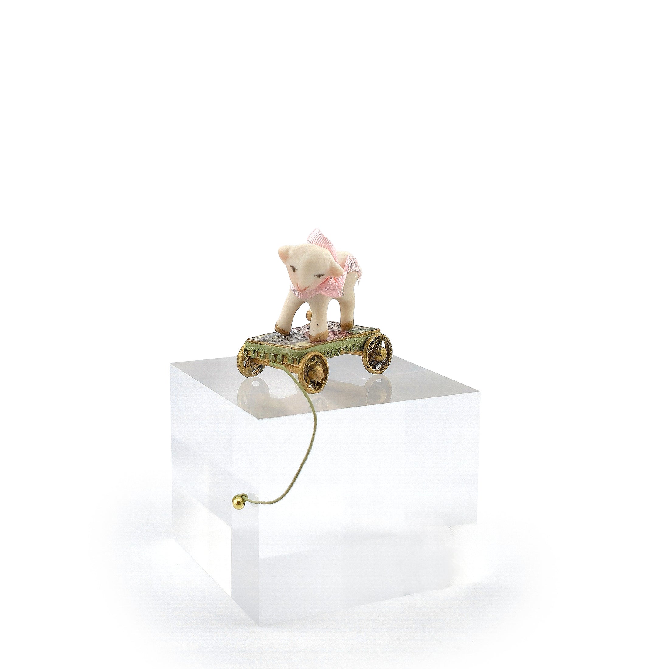 Vintage Artisan Porcelain Lamb Pull Toy on Hand-Painted Cart for Nursery OOAK