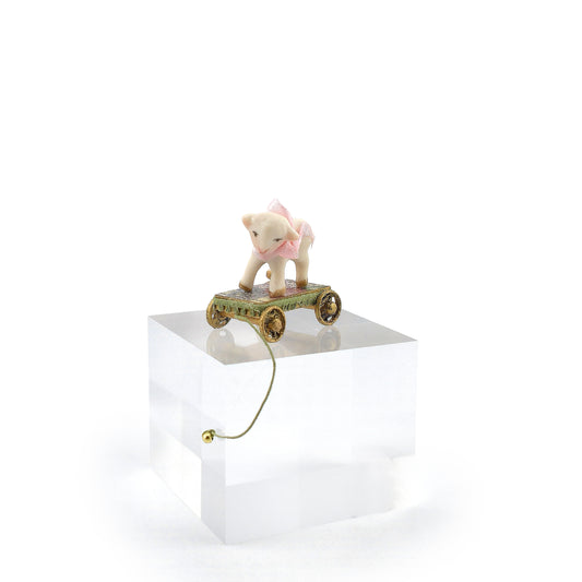 Vintage Artisan Porcelain Lamb Pull Toy on Hand-Painted Cart for Nursery OOAK