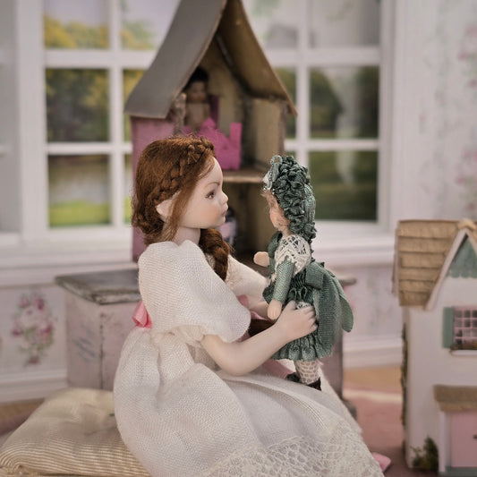Terri Davis OOAK Miniature Companion Doll for Dollhouse Child in Emerald Silk Dress