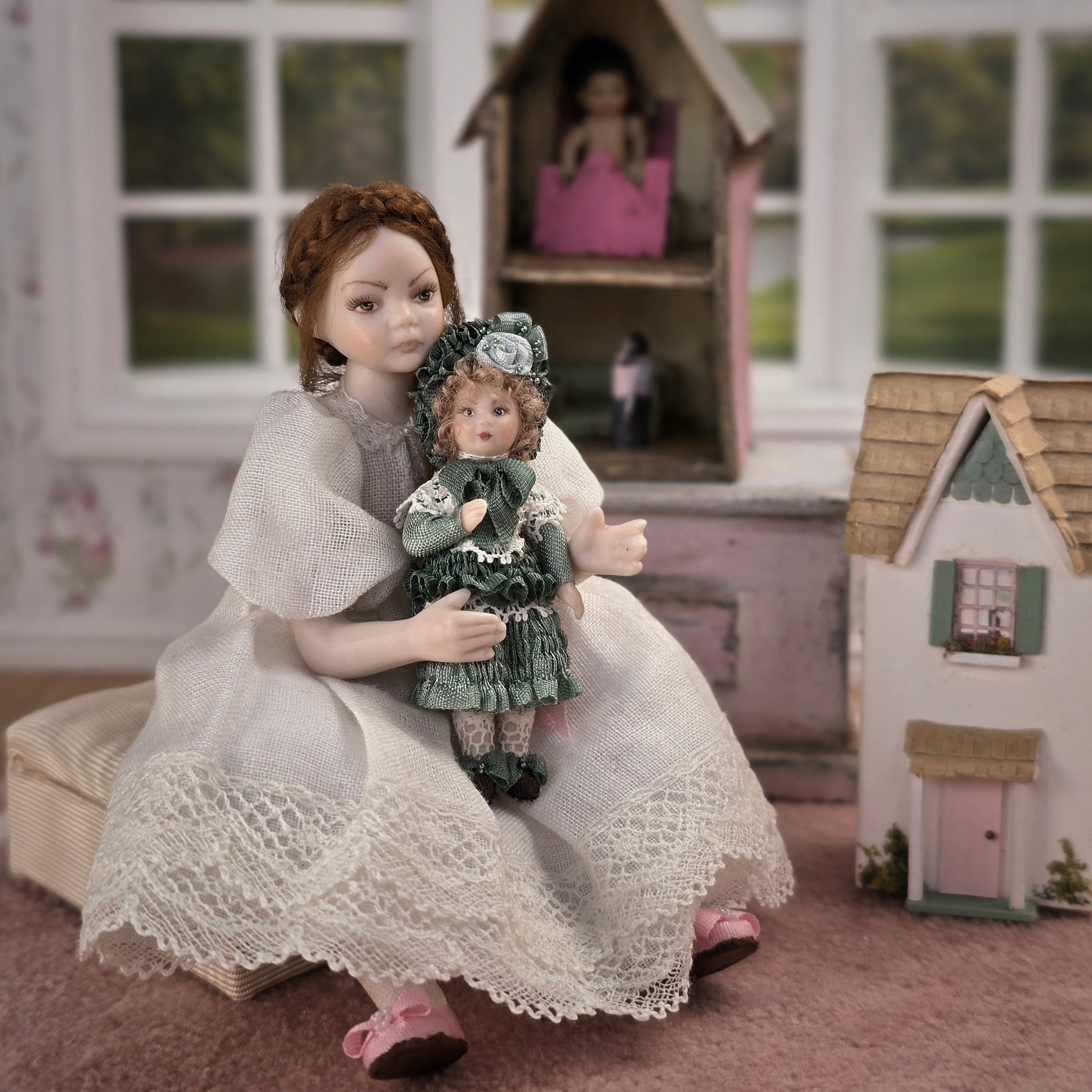 Terri Davis OOAK Miniature Companion Doll for Dollhouse Child in Emerald Silk Dress