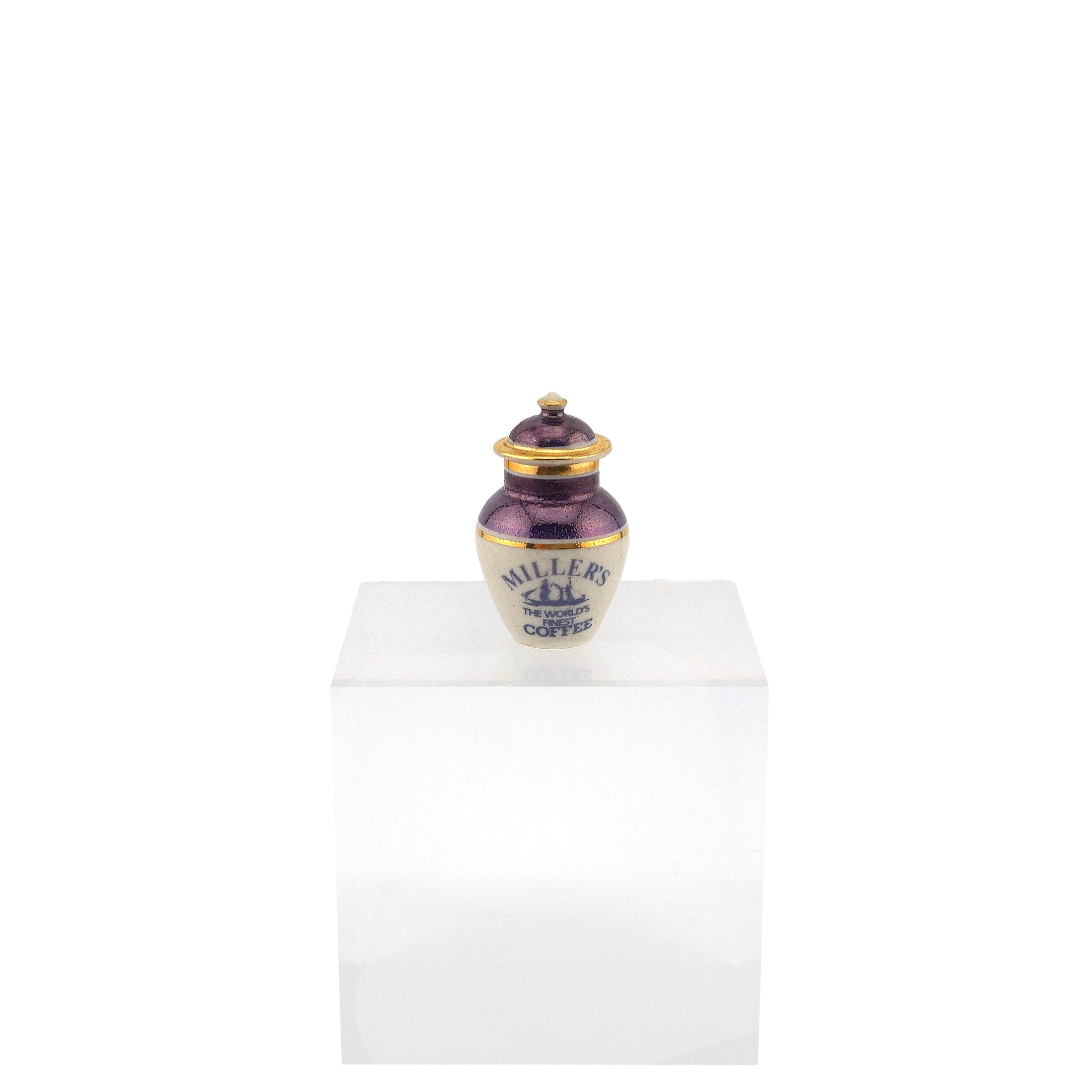 Terry Curran MILLER'S World's Finest Coffee Porcelain Jar British, Purple & Gold