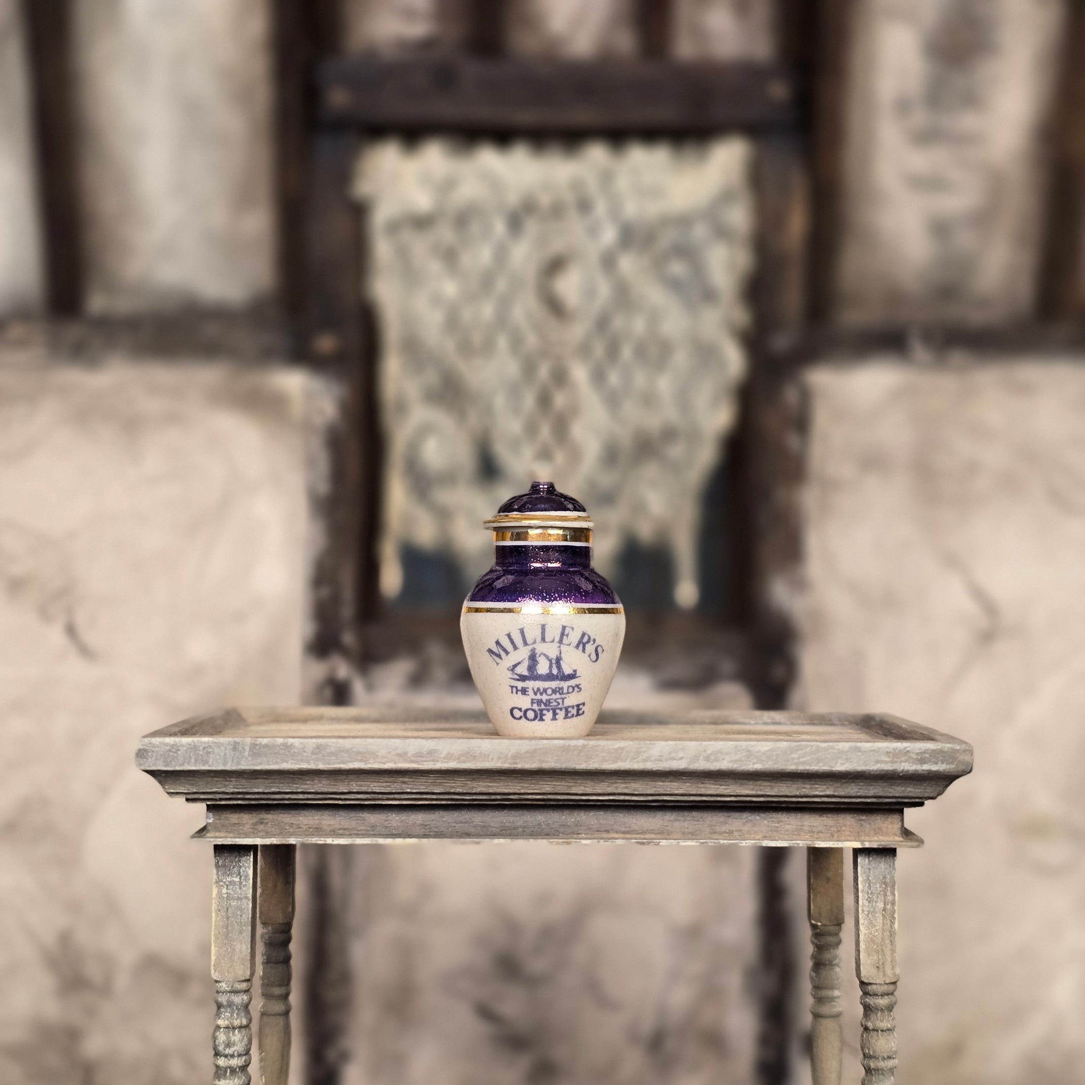 Terry Curran MILLER'S World's Finest Coffee Porcelain Jar British, Purple & Gold