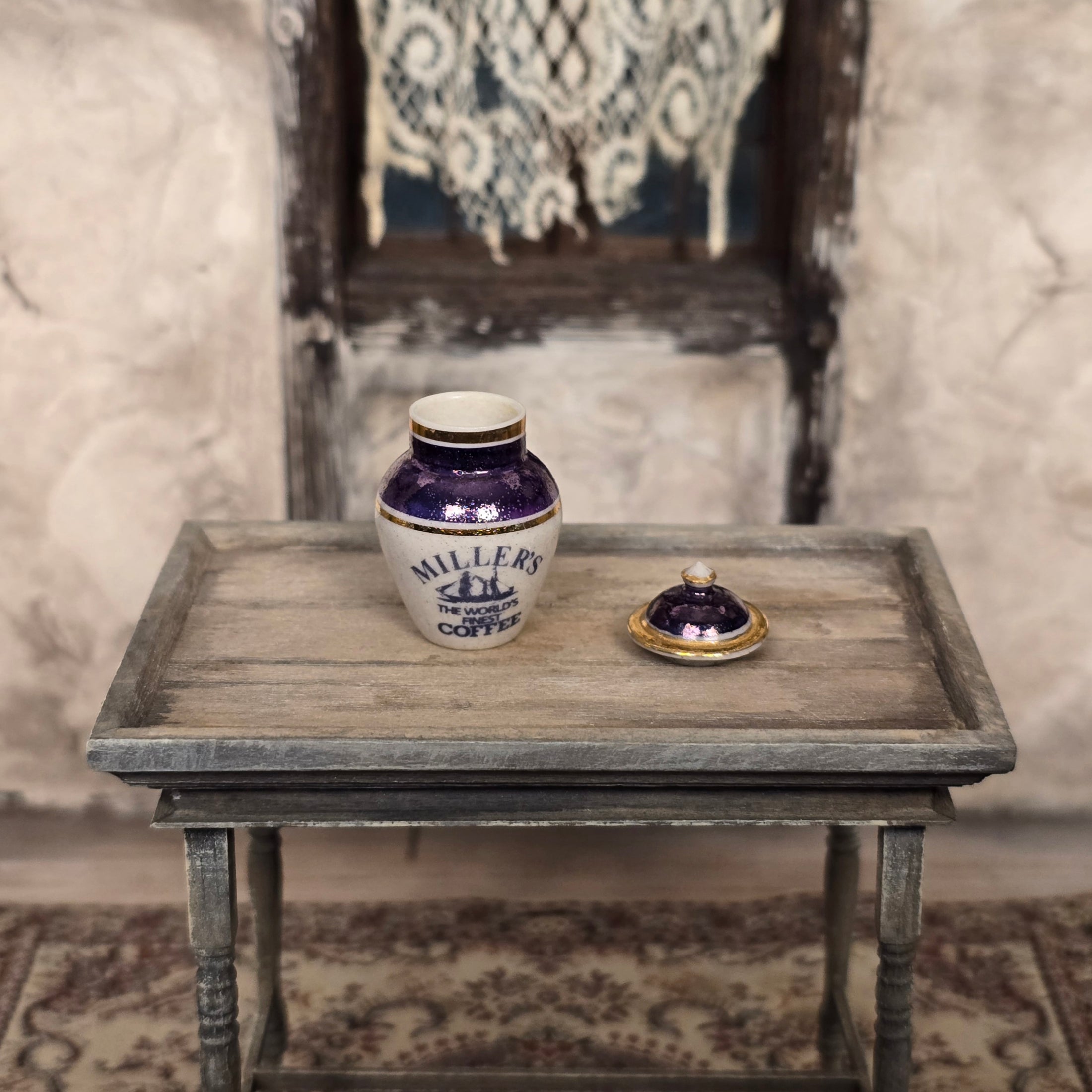 Terry Curran MILLER'S World's Finest Coffee Porcelain Jar British, Purple & Gold