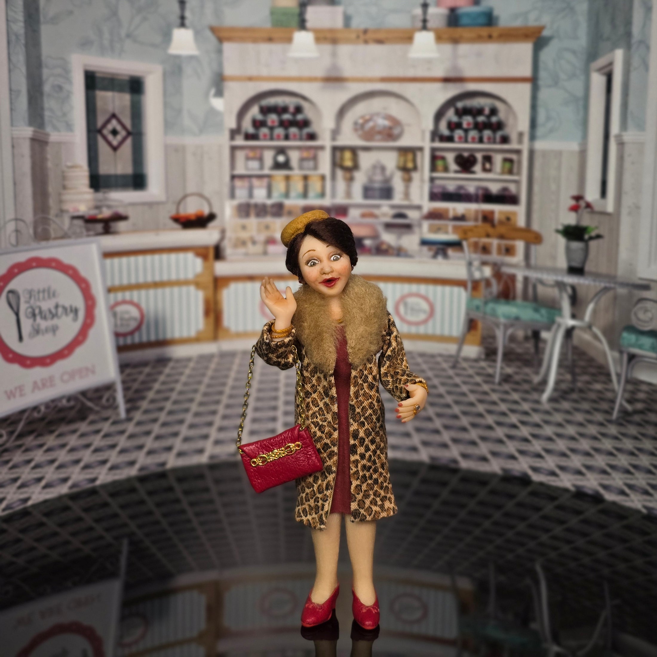 Alicia Volta OOAK Chic Leopard Coat Surprised Excited Shopper Lady Doll