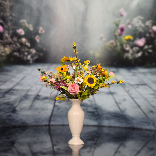 OOAK Artisan Colorful Paper Wildflower Arrangement in White Porcelain Vase