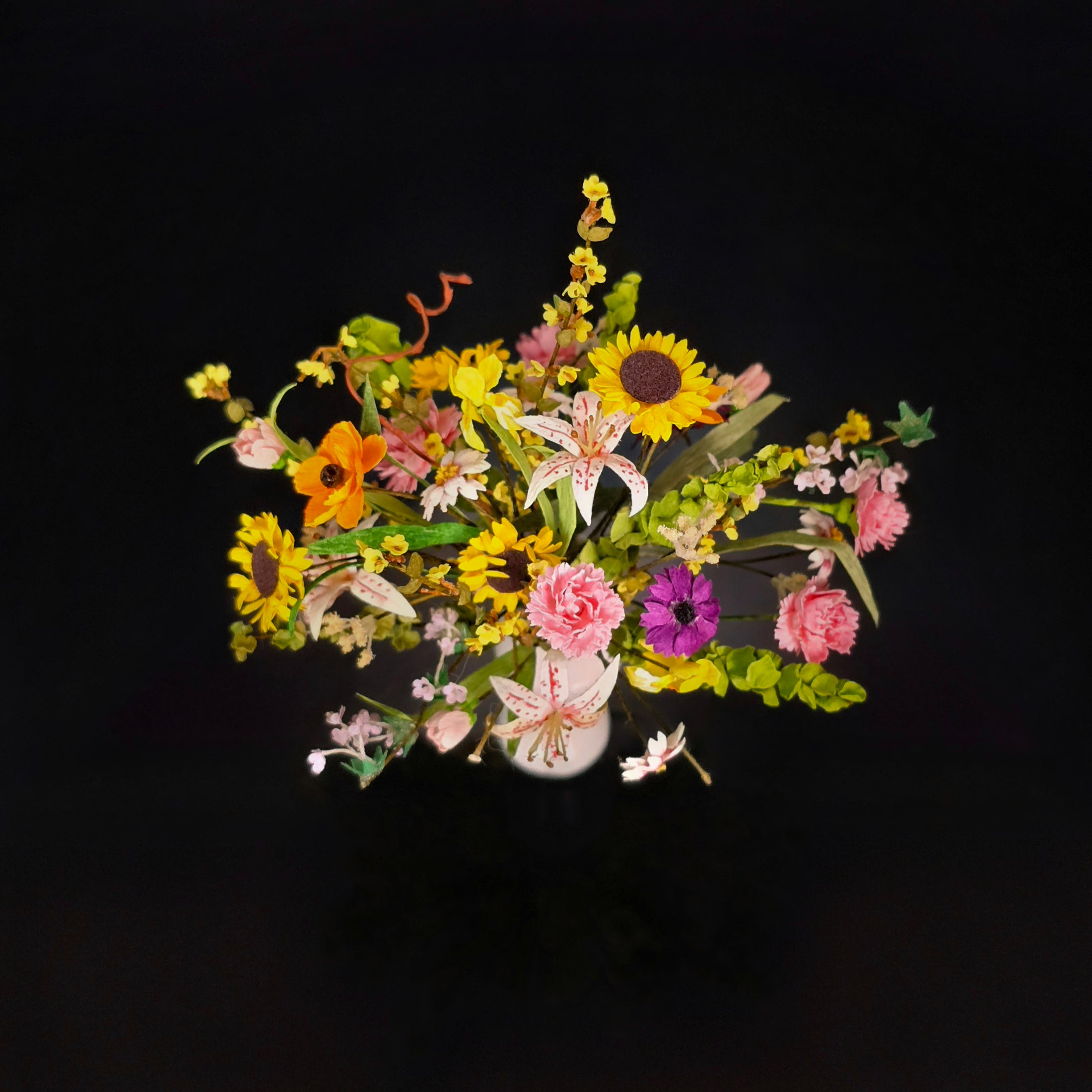 OOAK Artisan Colorful Paper Wildflower Arrangement in White Porcelain Vase