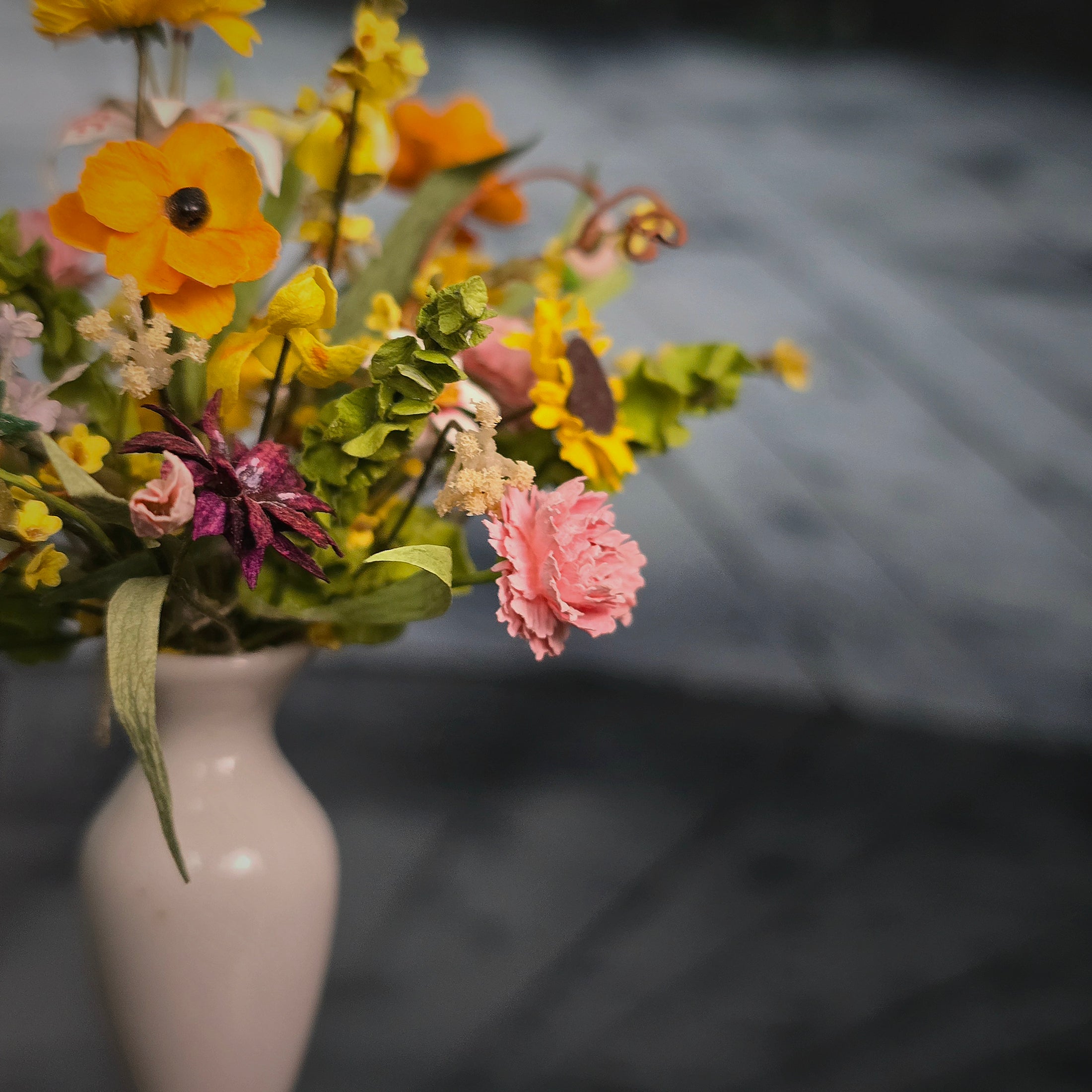 OOAK Artisan Colorful Paper Wildflower Arrangement in White Porcelain Vase