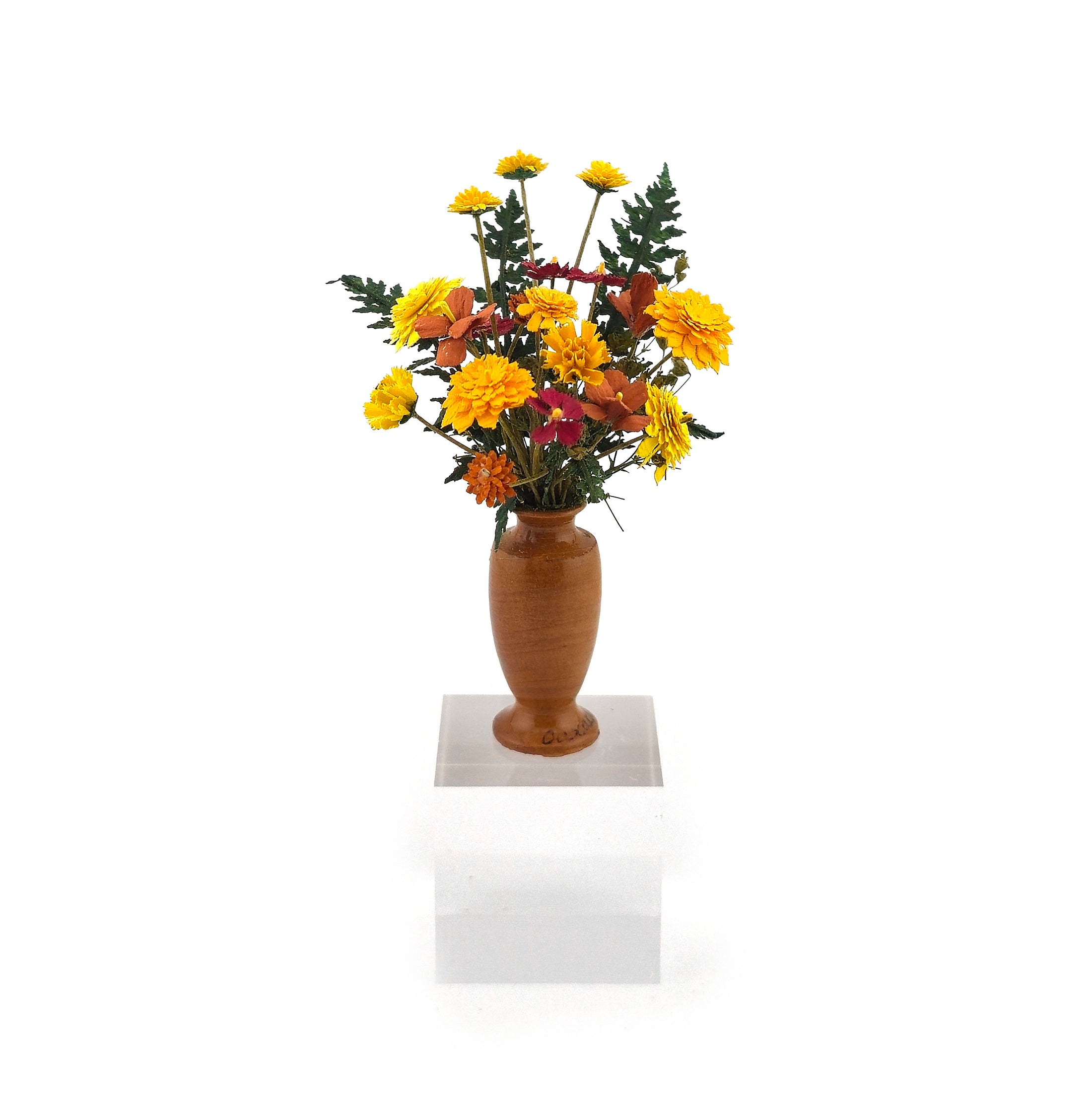 OOAK Autumn Chrysanthemum Arrangement in Oaxaca Turned Wood Vase