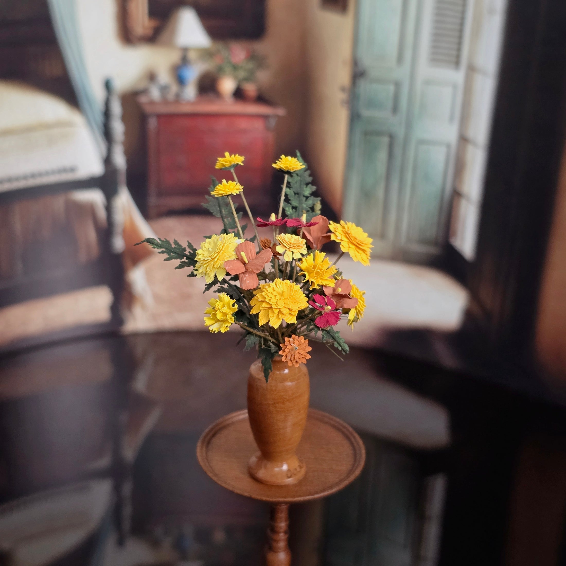 OOAK Autumn Chrysanthemum Arrangement in Oaxaca Turned Wood Vase