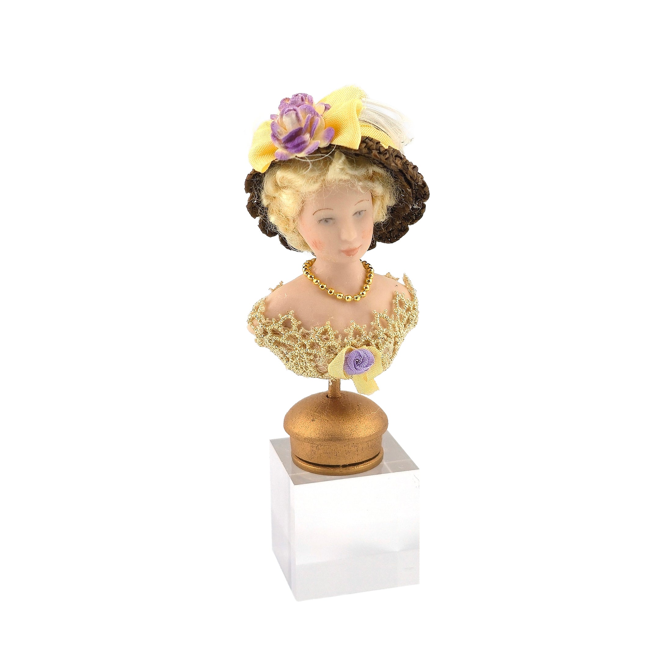 Miniature Victorian Blonde Millinery Mannequin Bust with Straw Hat & Lace Collar