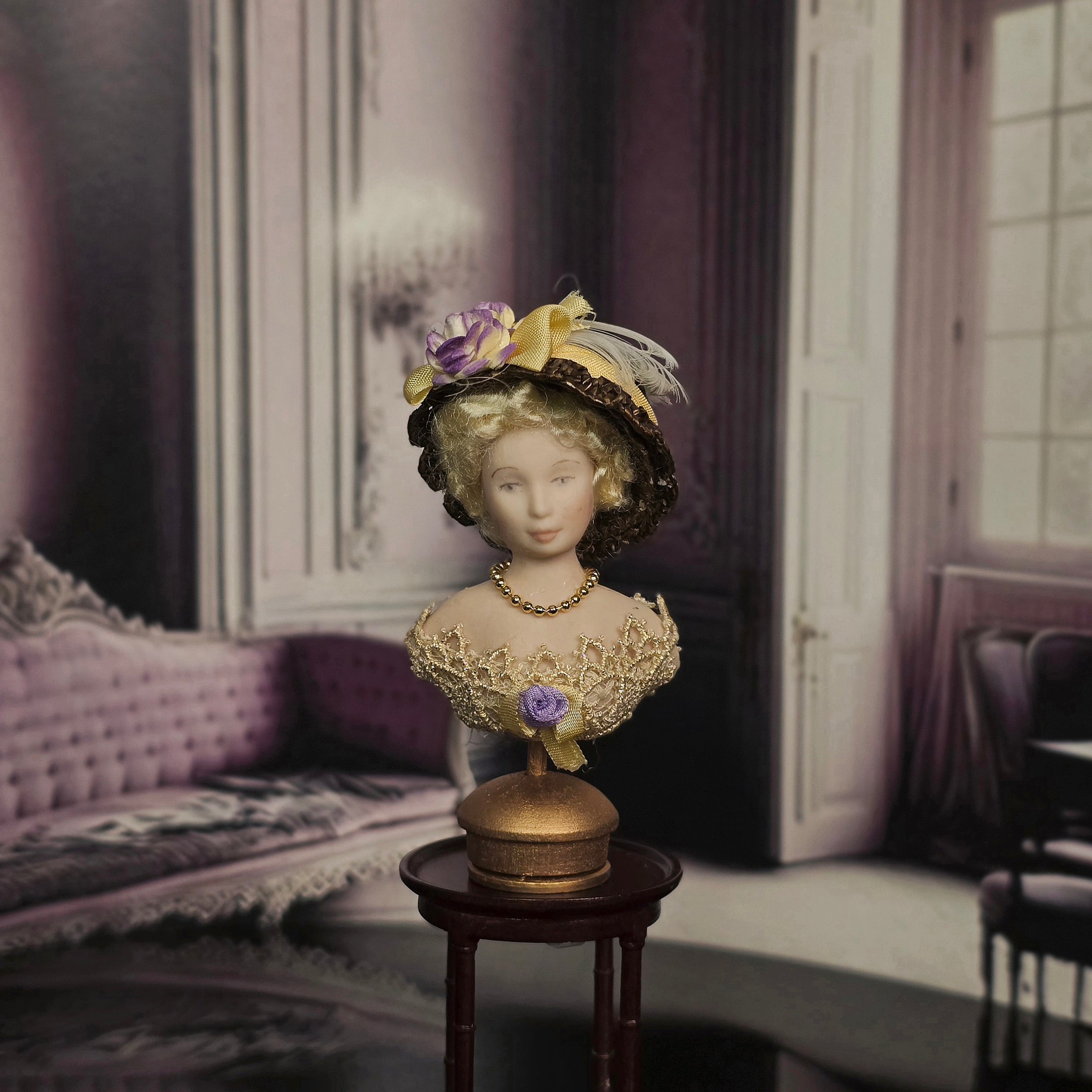 Miniature Victorian Blonde Millinery Mannequin Bust with Straw Hat & Lace Collar
