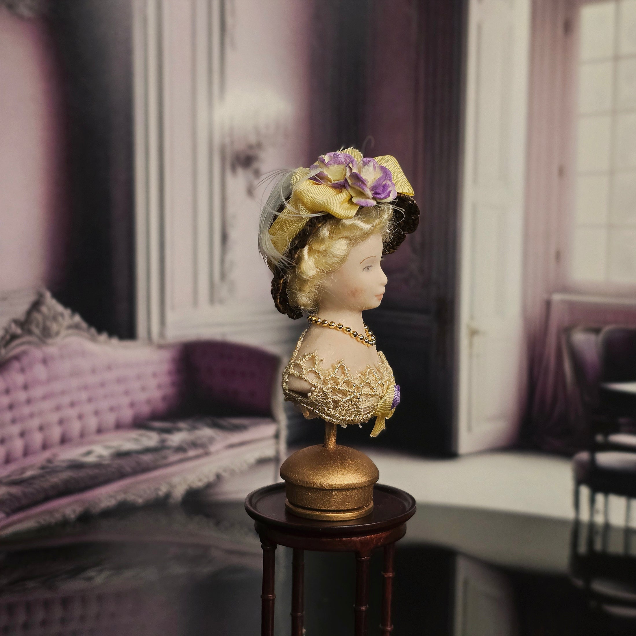 Miniature Victorian Blonde Millinery Mannequin Bust with Straw Hat & Lace Collar