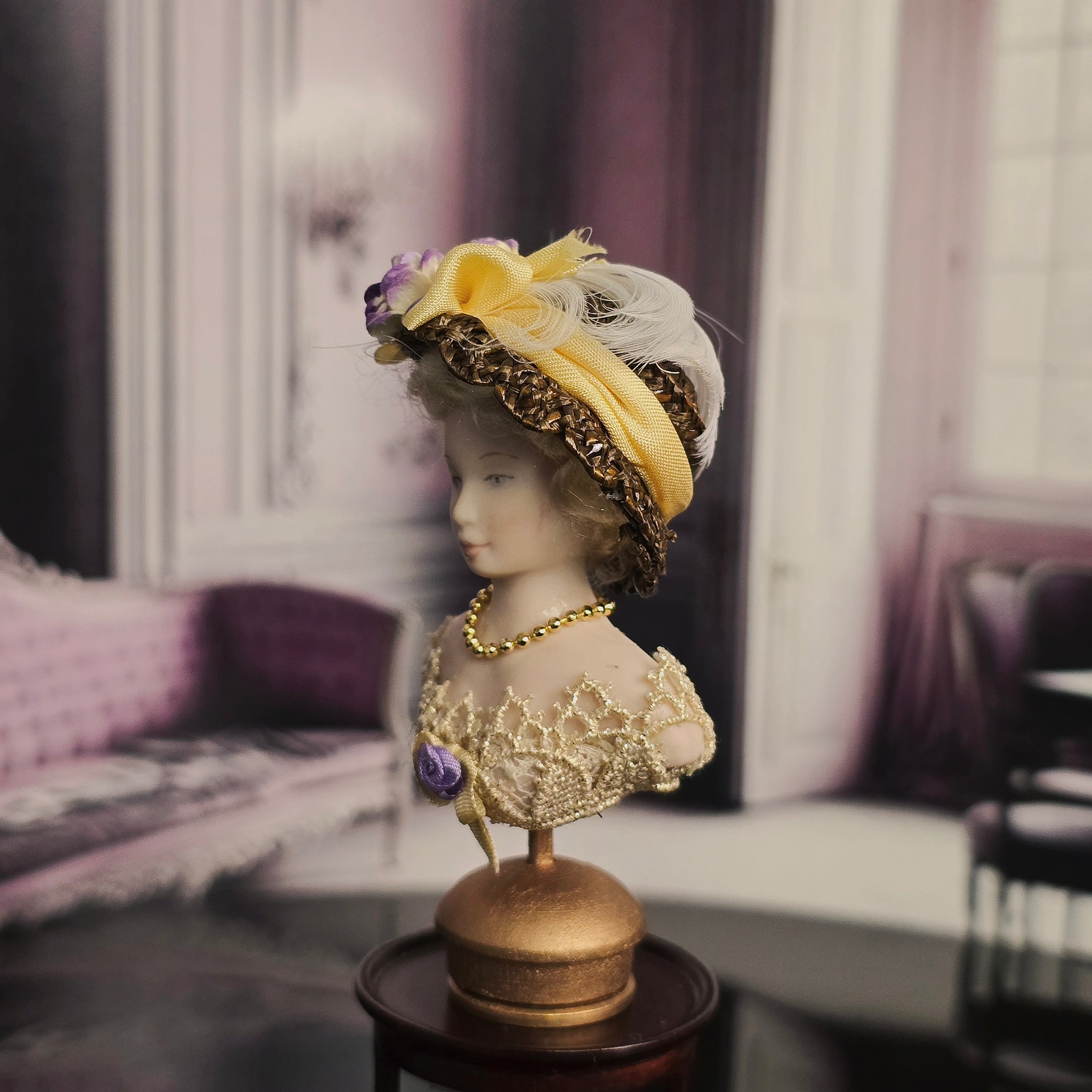 Miniature Victorian Blonde Millinery Mannequin Bust with Straw Hat & Lace Collar