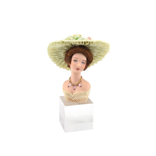 Miniature Edwardian Millinery Bust with Sage Silk Hat & Pink Crystal Necklace