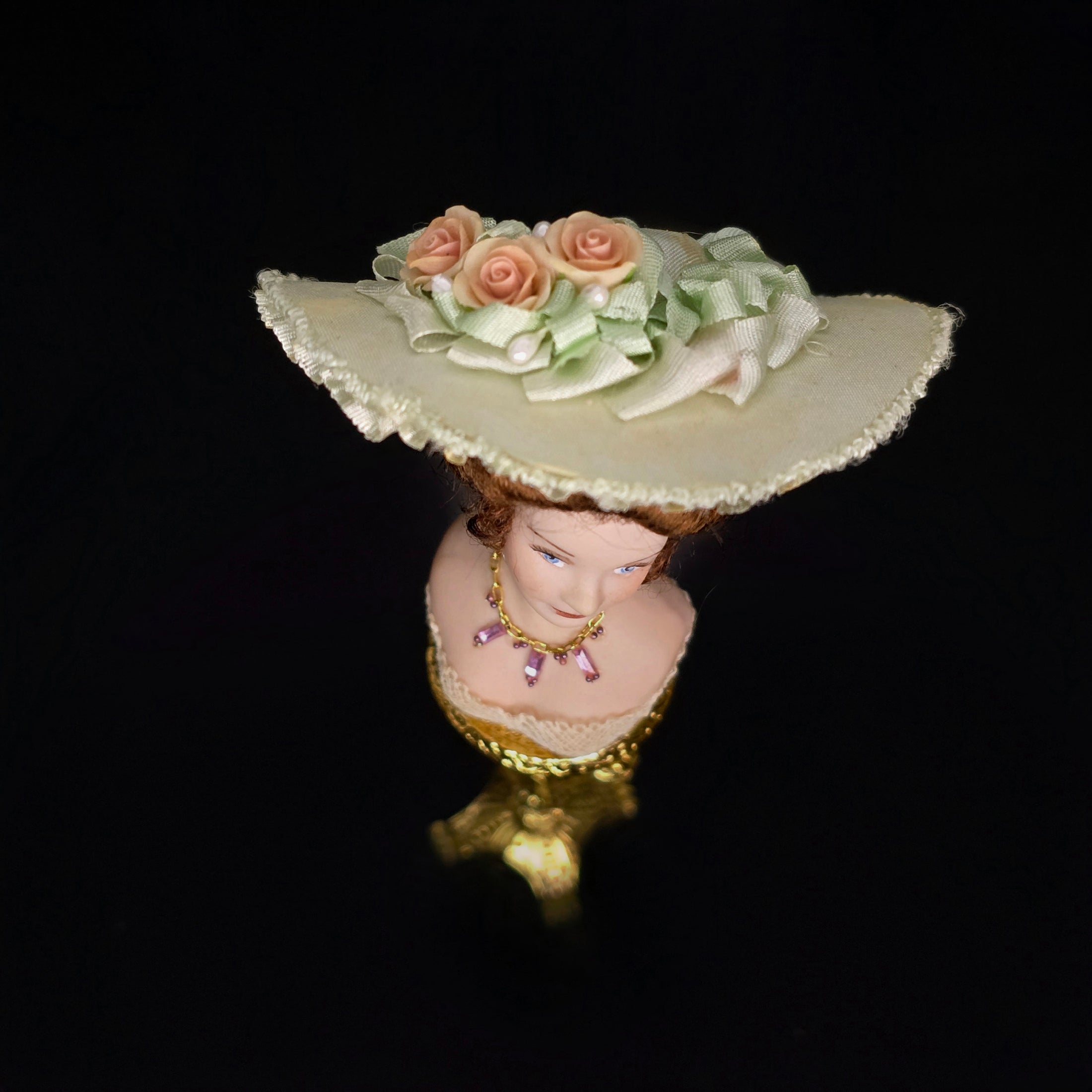 Miniature Edwardian Millinery Bust with Sage Silk Hat & Pink Crystal Necklace