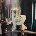 Load image into Gallery viewer, Miniature Edwardian Millinery Bust with Sage Silk Hat & Pink Crystal Necklace
