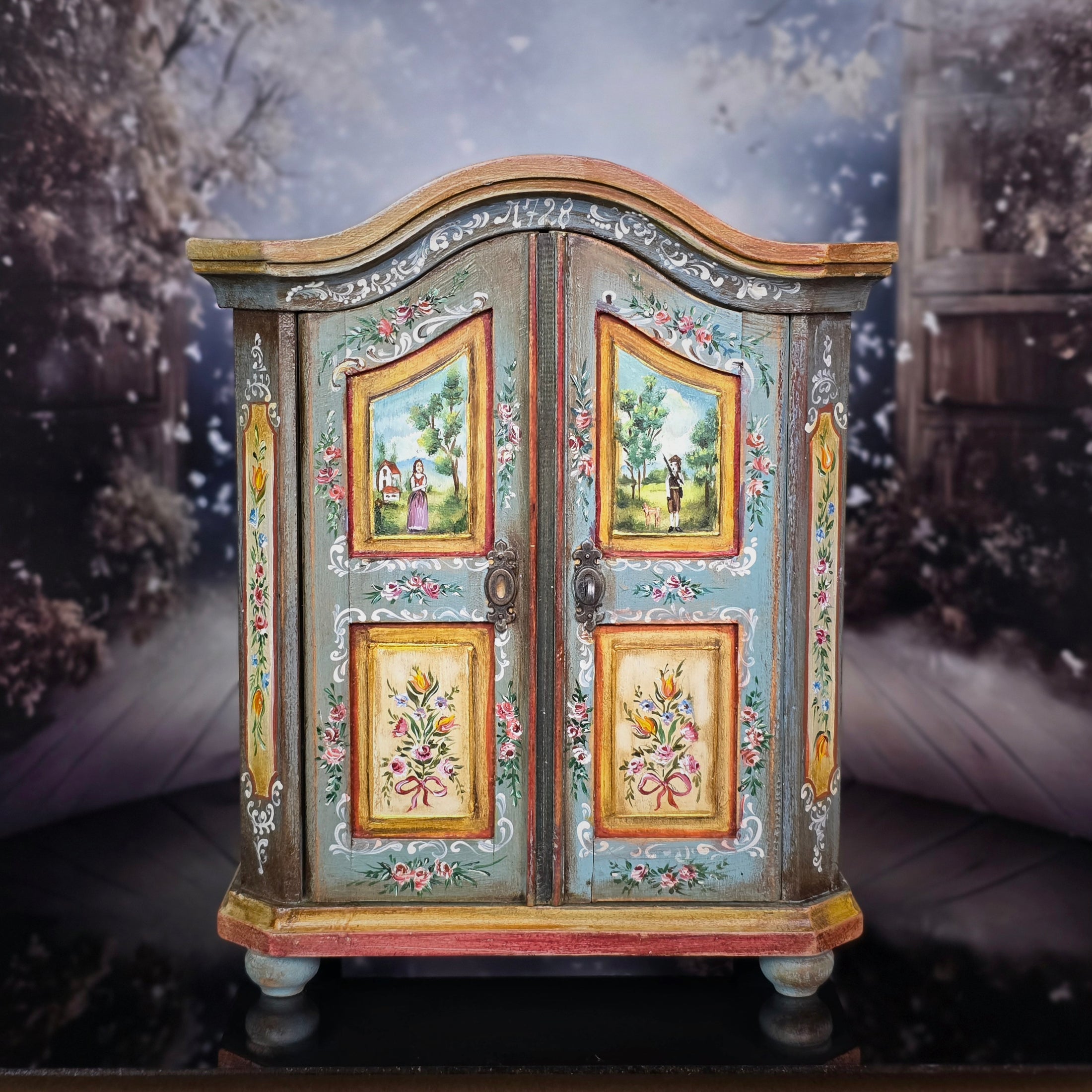 Hand-Painted OOAK Alpine Bauernschrank Folk Art Wardrobe by Aida Pravia of Spain