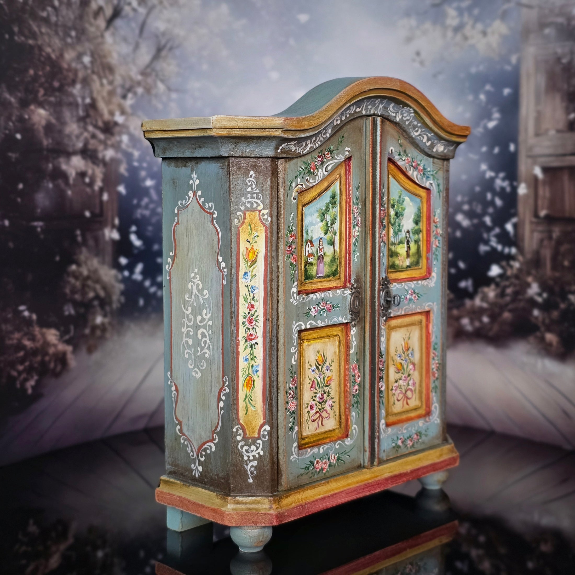 Hand-Painted OOAK Alpine Bauernschrank Folk Art Wardrobe by Aida Pravia of Spain