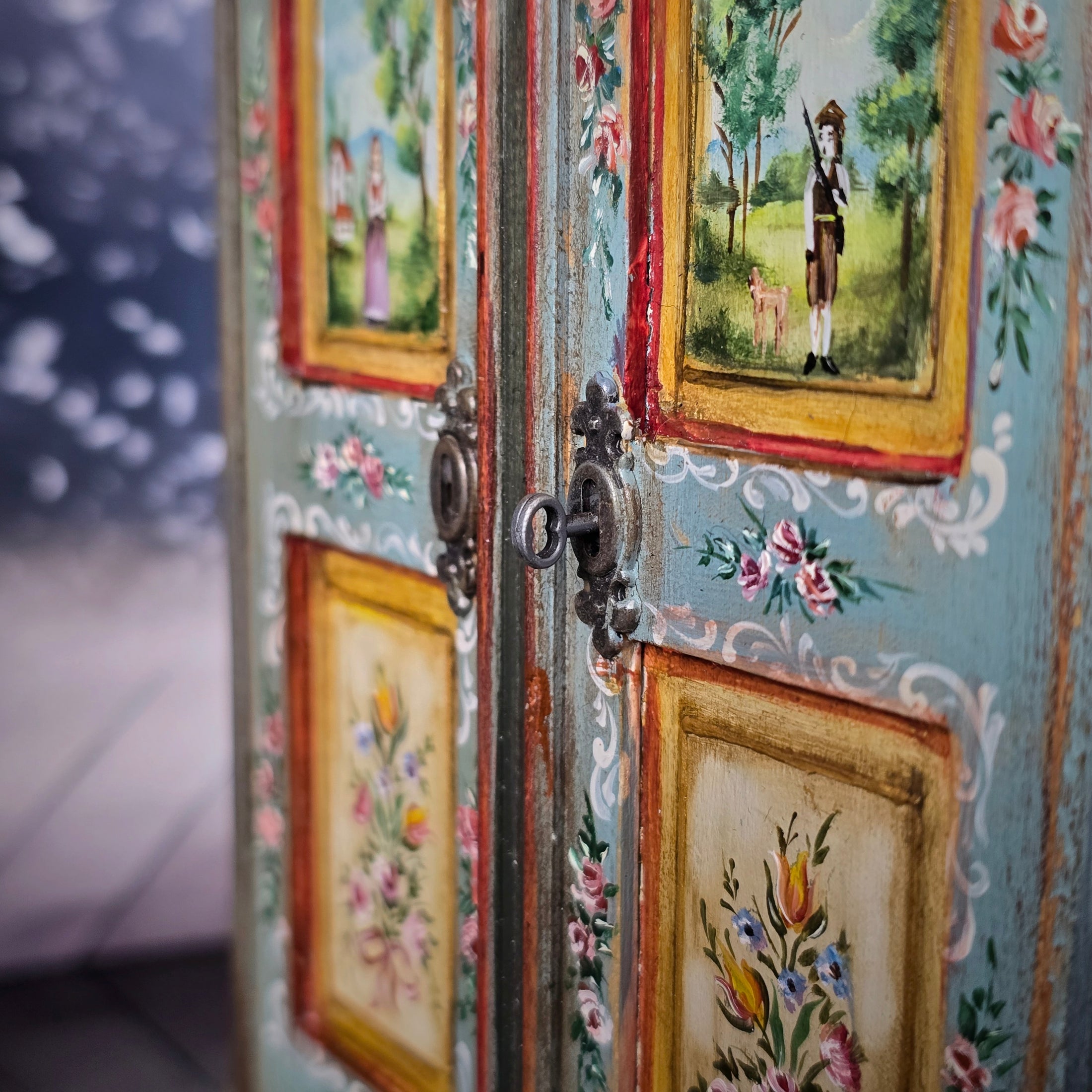 Hand-Painted OOAK Alpine Bauernschrank Folk Art Wardrobe by Aida Pravia of Spain