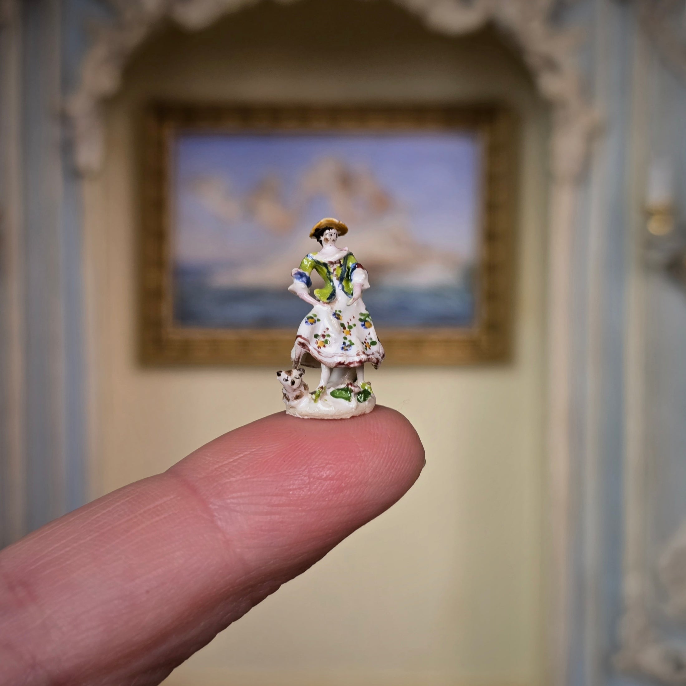 Tricia Street OOAK Bow Shepherdess & Dog Porcelain Figure Dollhouse Miniature 1990s
