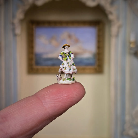 Tricia Street OOAK Bow Shepherdess & Dog Porcelain Figure Dollhouse Miniature 1990s