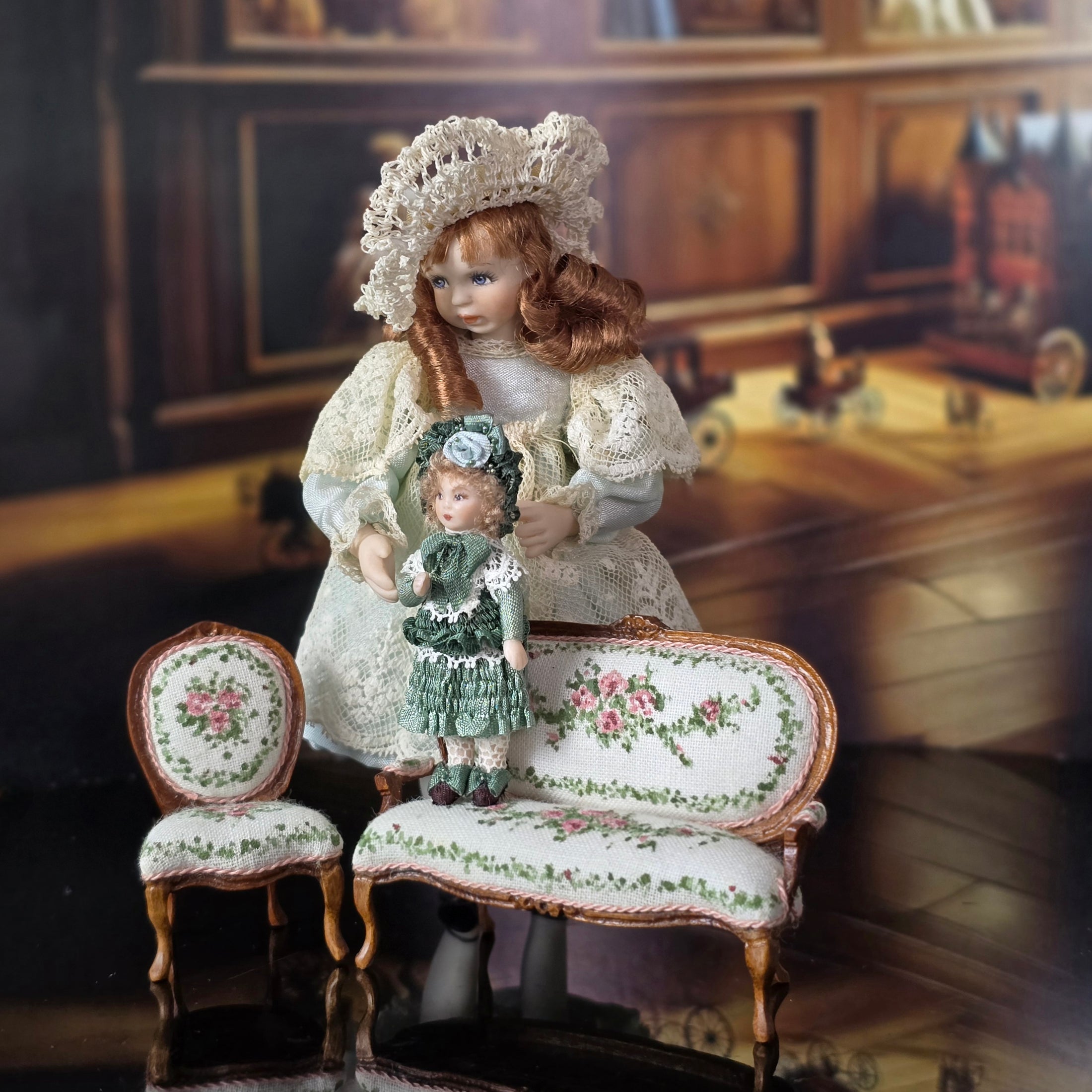 Nancy Summers Half Scale 1:24 French Rococo Settee & Salon Chair Upholstered Set Nursery