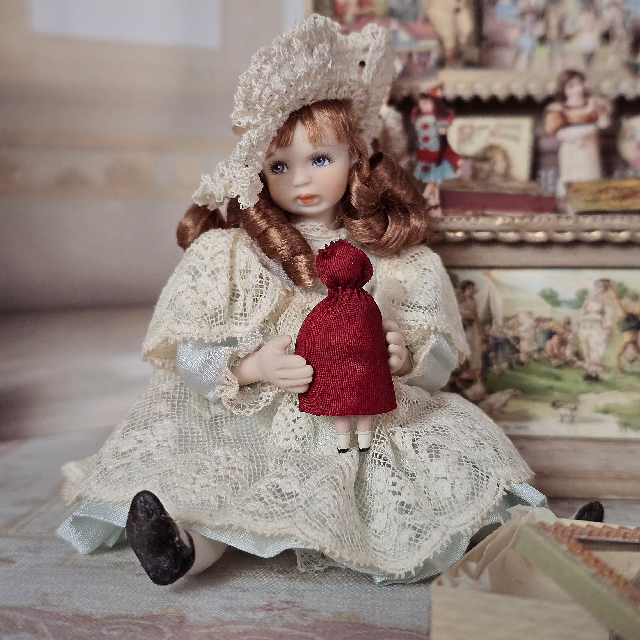 Renee Delaney Little Red Riding Hood Micro Porcelain Doll in Antique Style Gift Box