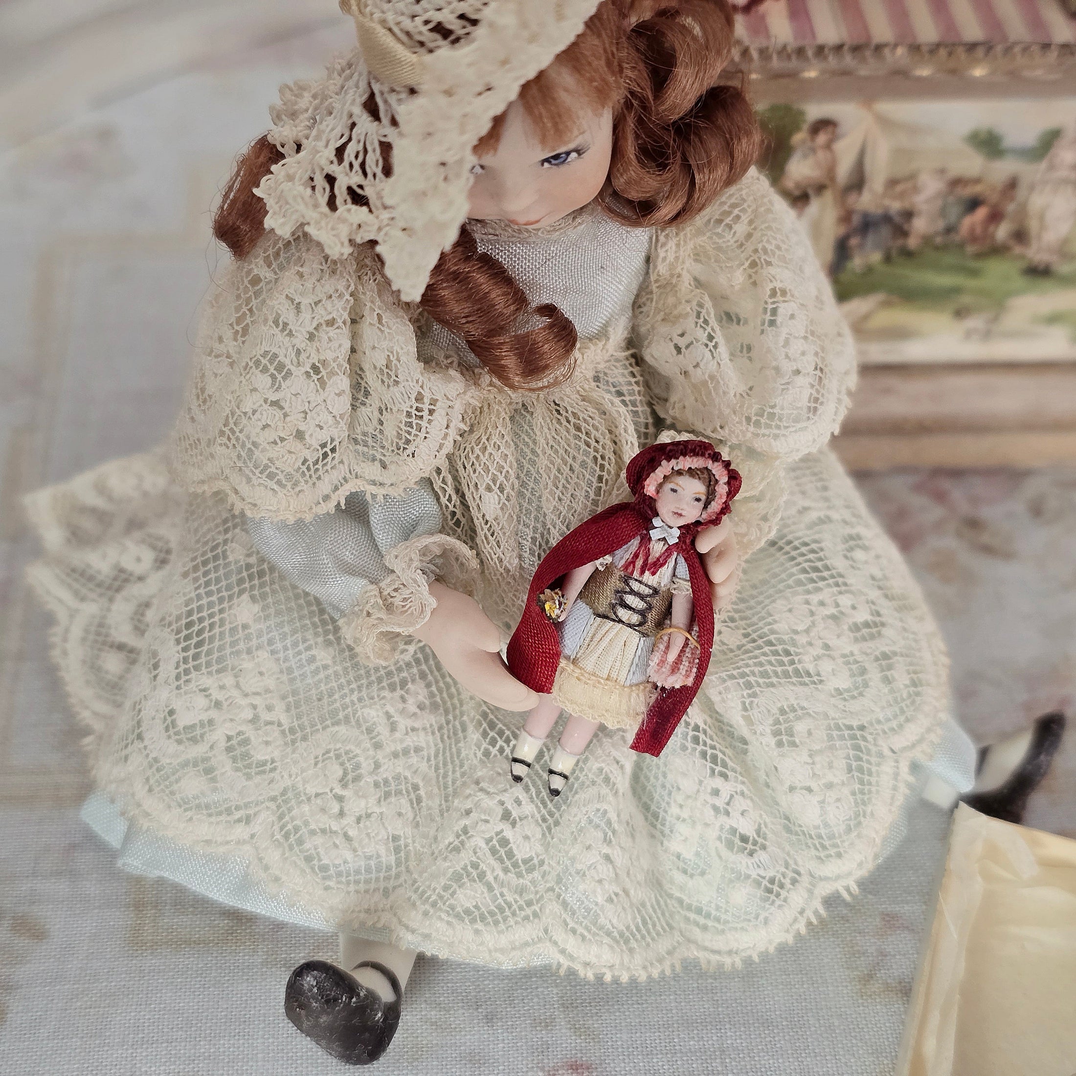 Renee Delaney Little Red Riding Hood Micro Porcelain Doll in Antique Style Gift Box