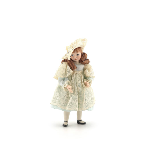 Victorian Edwardian Bisque Style Little Girl Doll in Blue Satin & Lace