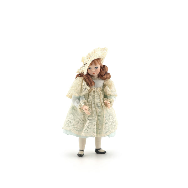 Victorian Edwardian Bisque Style Little Girl Doll in Blue Satin & Lace