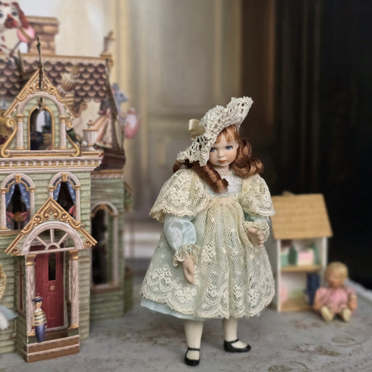 Victorian Edwardian Bisque Style Little Girl Doll in Blue Satin & Lace