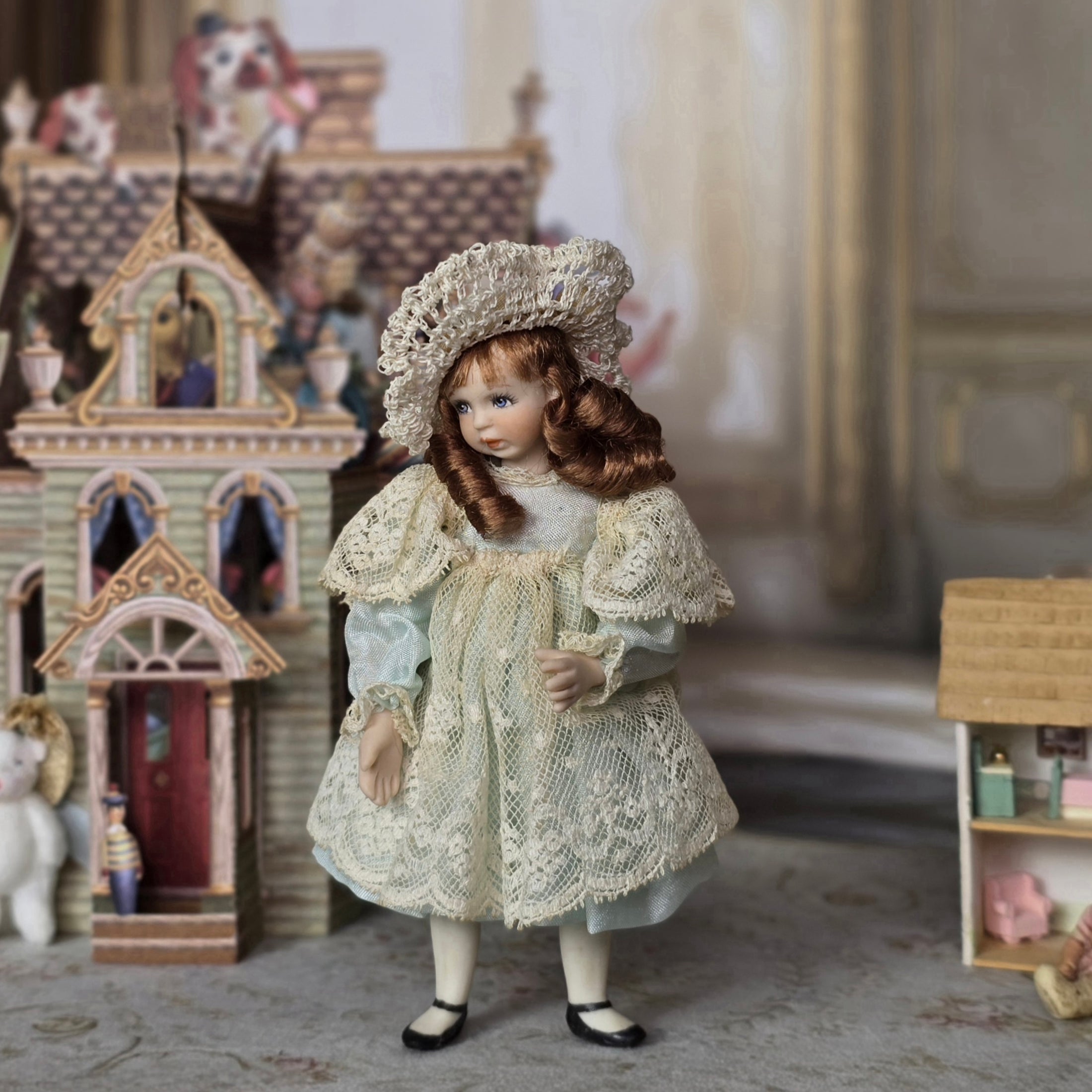 Victorian Edwardian Bisque Style Little Girl Doll in Blue Satin & Lace