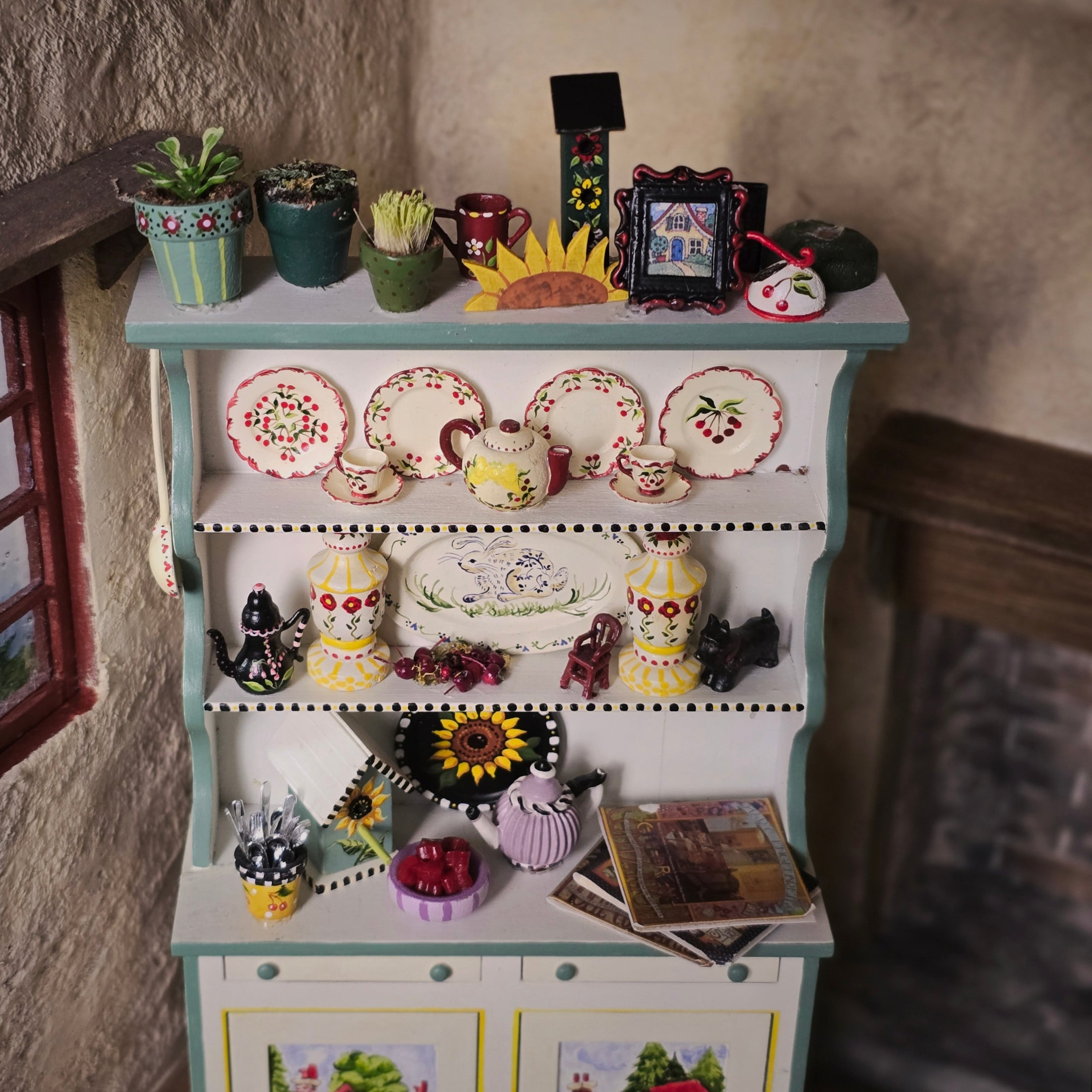 RARE OOAK Mary Engelbreit Style Dressed Kitchen Hutch by IGMA Fellow Karen Markland