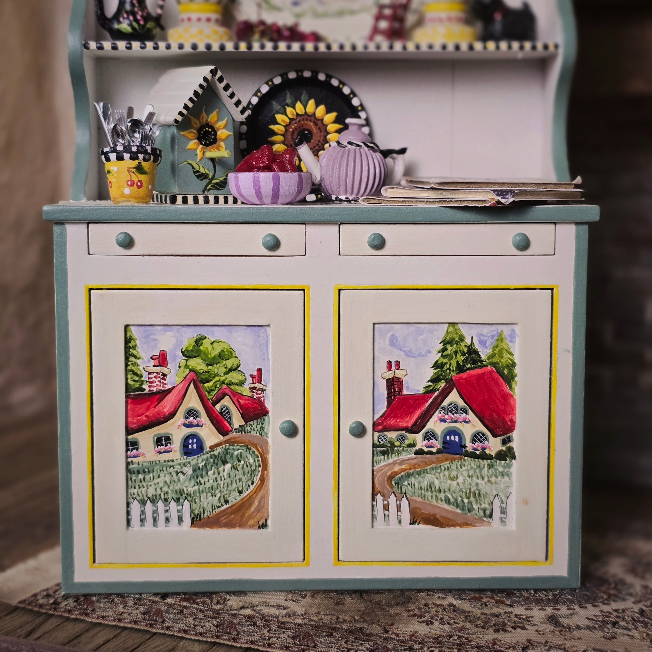 RARE OOAK Mary Engelbreit Style Dressed Kitchen Hutch by IGMA Fellow Karen Markland