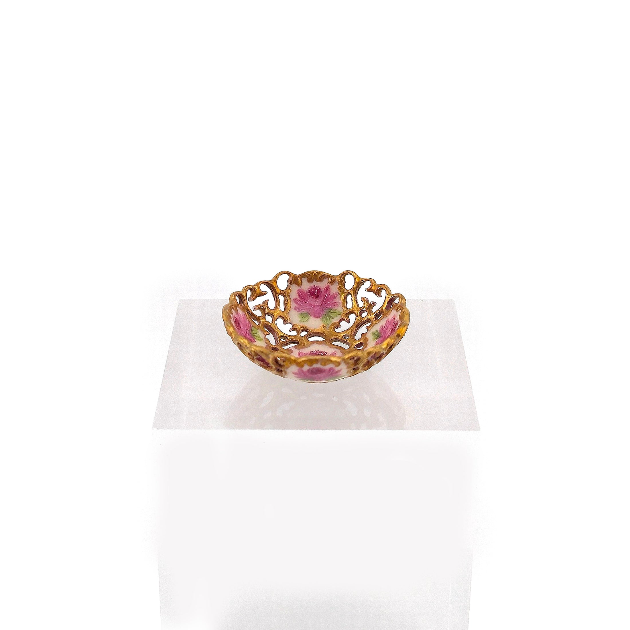 Marsha Hadrick Gold Gilt Reticulated Pink Rose Porcelain Bowl RARE