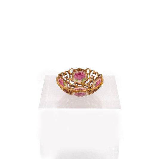 Marsha Hadrick Gold Gilt Reticulated Pink Rose Porcelain Bowl RARE