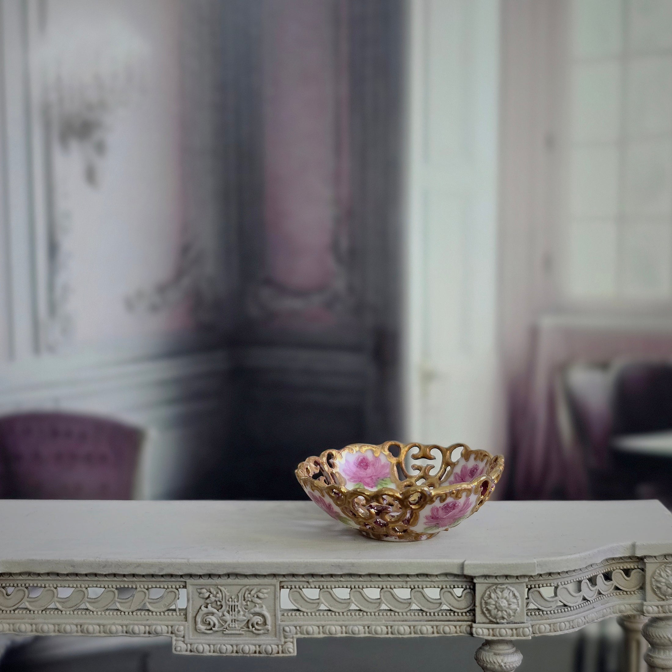Marsha Hadrick Gold Gilt Reticulated Pink Rose Porcelain Bowl RARE